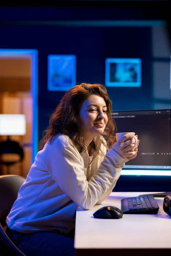 A girl enjoying tea and working on her laptop
